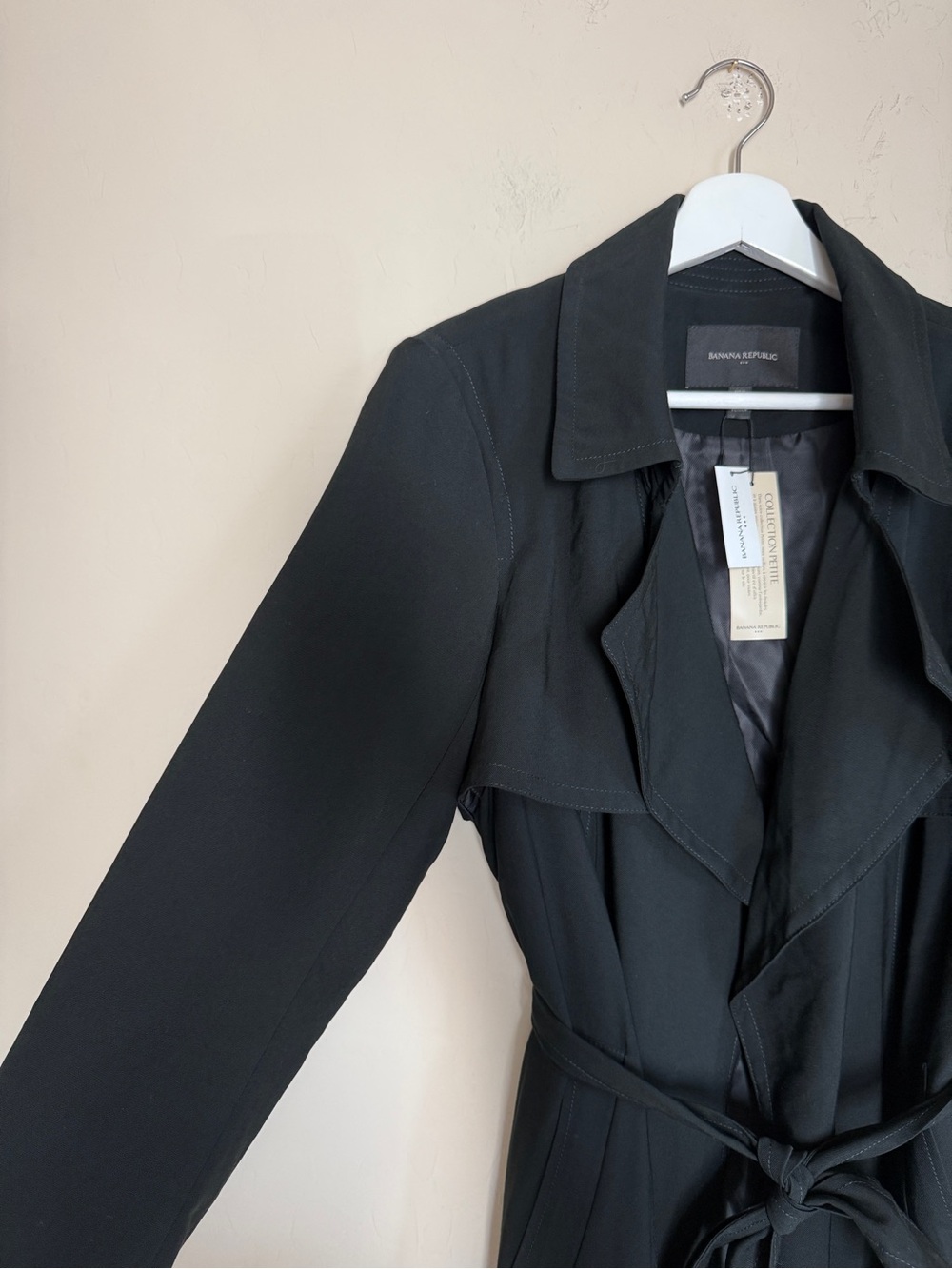 Banana Republic Classic Black Soft Trench Coat Tie Belt Women's Petite Large - Picture 5 of 8